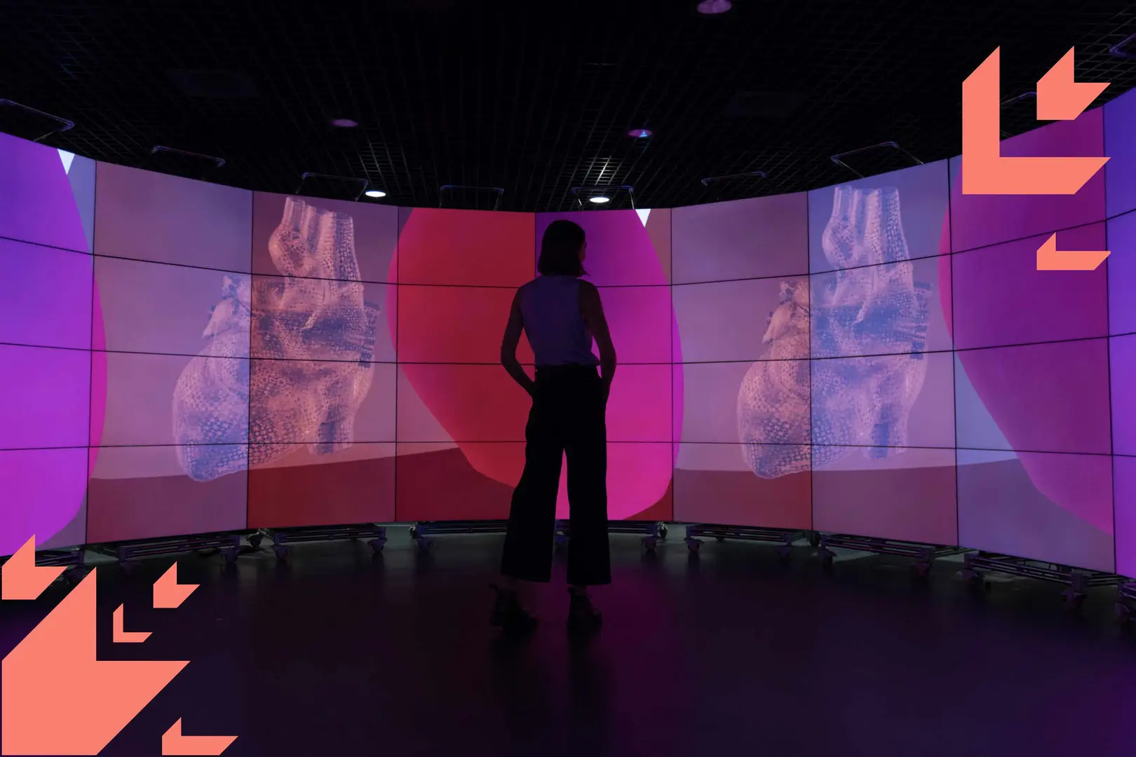 Person standing in a dark space facing a curved wall of large digital screens displaying abstract and anatomical imagery.