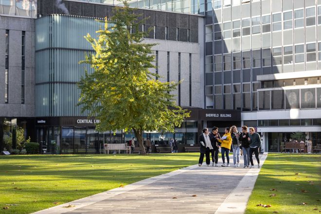 Students walking across Dangoor Plaza at Impeiral's South Kensington Campus
