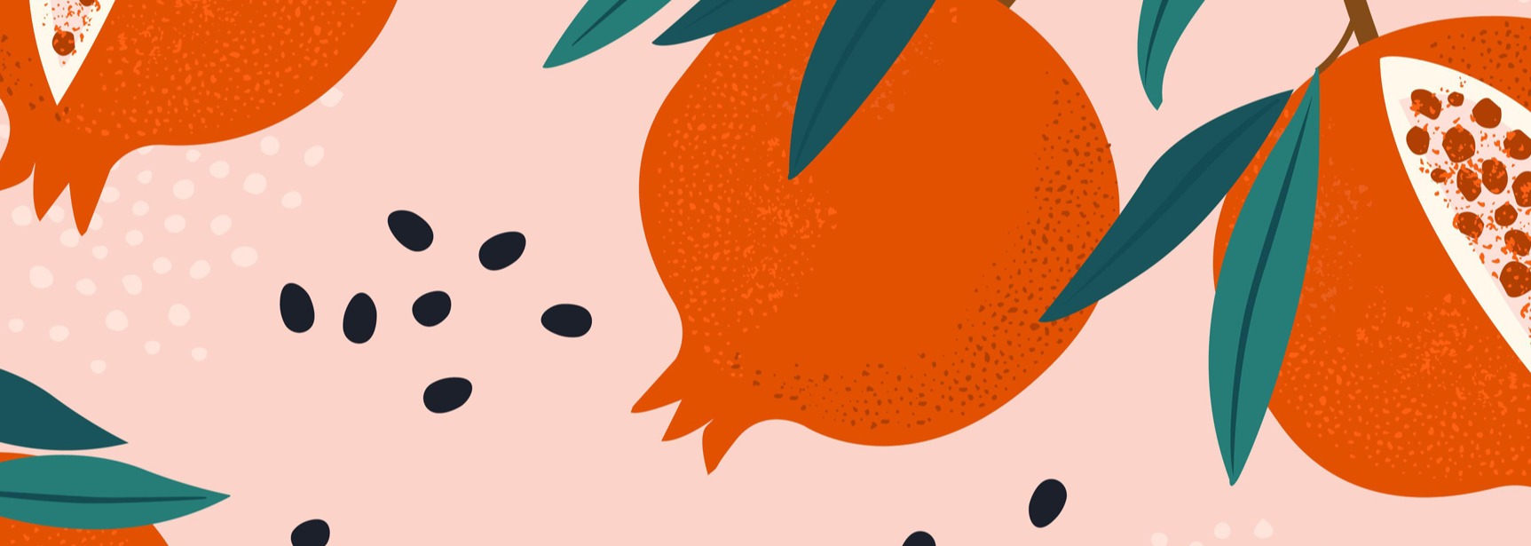 Vector illustration of pomegranate leaves, seeds and fruits seamless pattern