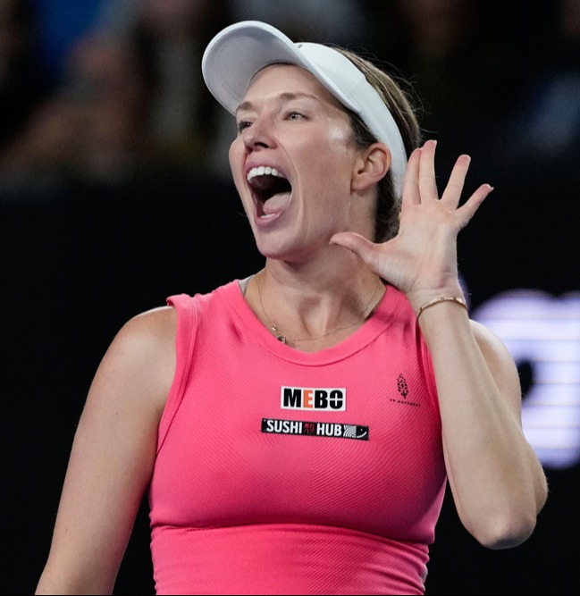 Danielle Collins of the U.S. reacts after defeating Destanee Aiava of Australia in their second round match at the Australian Open tennis championship in Melbourne, Australia, Thursday, Jan. 16, 2025