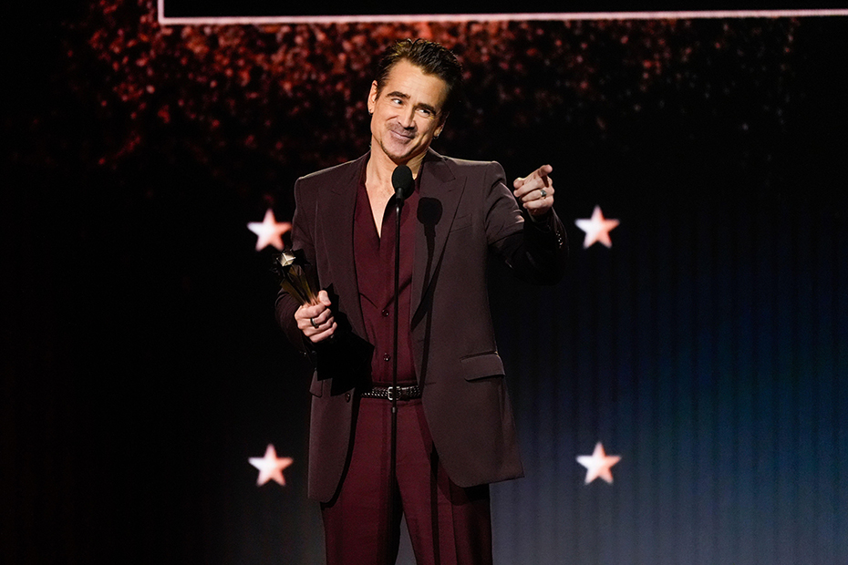 Colin Farrell accepts the award for best actor in a limited series or movie made for television for "The Penguin" during the 30th Critics Choice Awards at the Barker Hangar in Santa Monica, California.