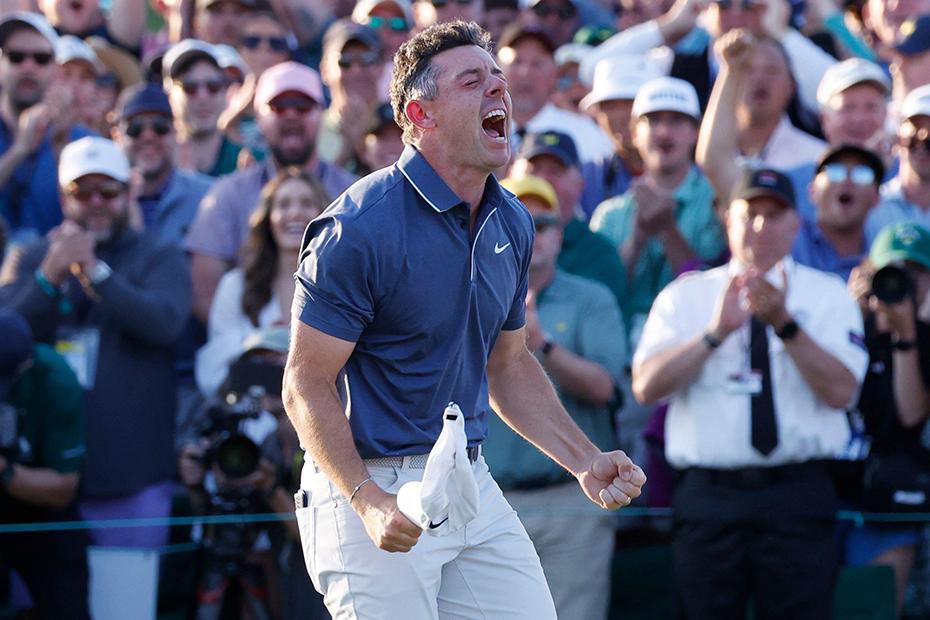 Rory McIlroy of Northern Ireland celebrates after winning the 2025 Masters golf tournament at Augusta National Golf Club in Augusta, Georgia