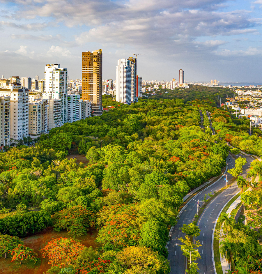 Aerial view of the central park during golden hour, in the city of Santo Domingo, Dominican Republic