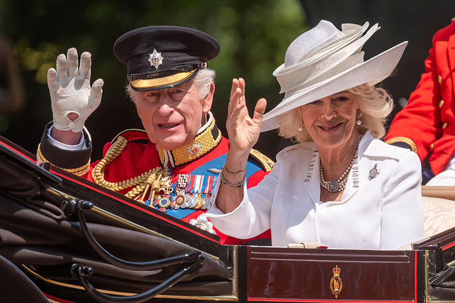 King Charles III and Queen Camilla at Trooping the Colour 2025 in The Mall, Westminster, London, UK.