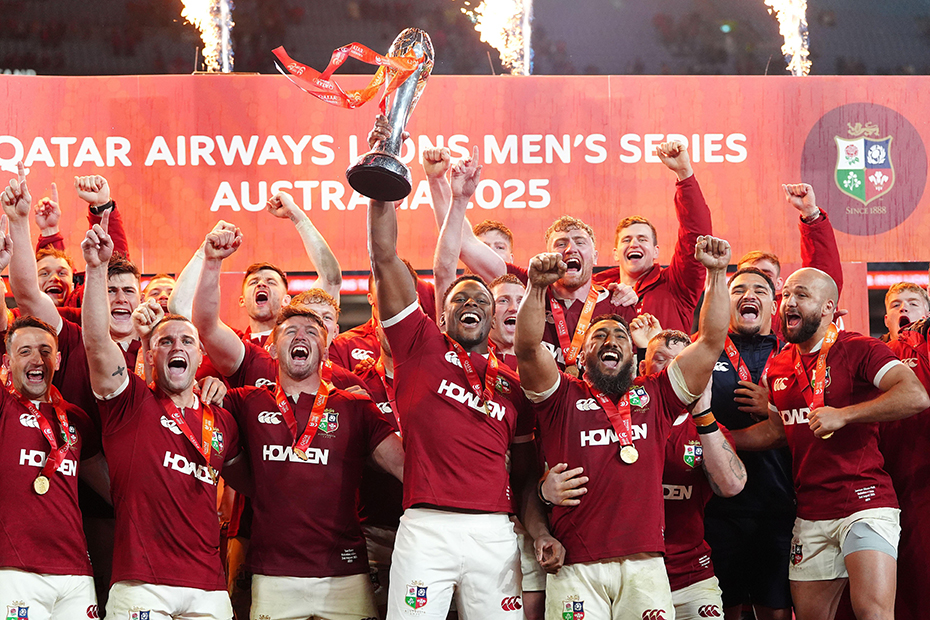 British and Irish Lions' Maro Itoje lifts the trophy as he celebrates with his teammates after winning the series following during the Qatar Airways Lions Tour match at Accor Stadium in Sydney, Australia.