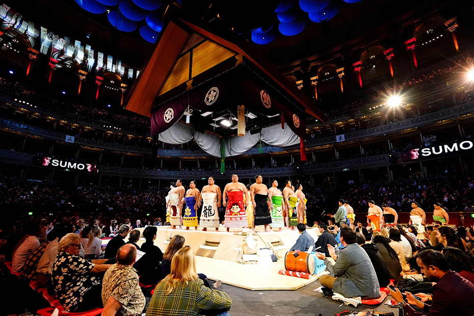 The rikishi during the opening ceremony for the East ahead of day one of the Grand Sumo Tournament at the Royal Albert Hall, London. 