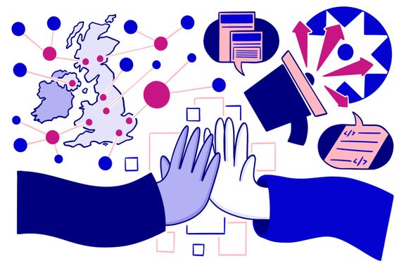 Illustration in pink, blue and white depicting bibliometrics and research assessment with representations of research taking place across the UK, the SFDORA logo, and symbols of research dissemination captured by speech bubbles and a computer screen (which also resembles a loudspeaker). The image also features two hands high-fiving each other to symbolise success but also collaboration.