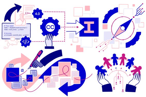 Illustration in pink, blue and white depicting copyright and licensing with representations of creative commons licences, reuse symbols, and collaboration