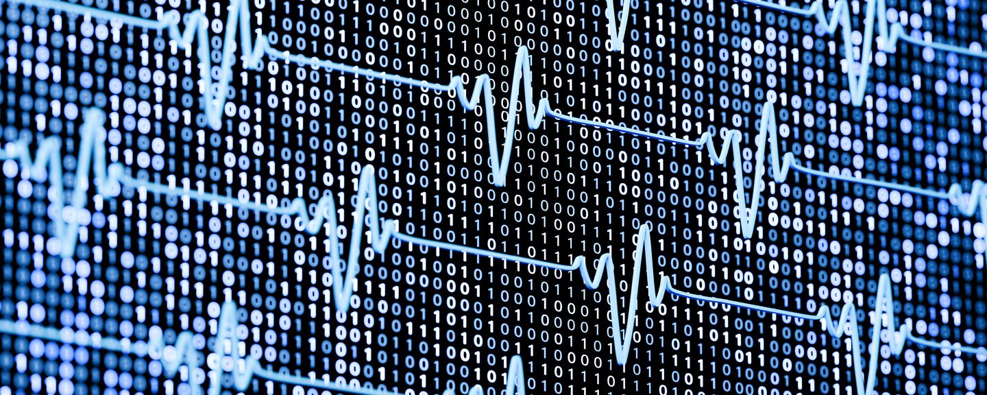 Abstract illustration with an ECG wave and binary 01s and 1s