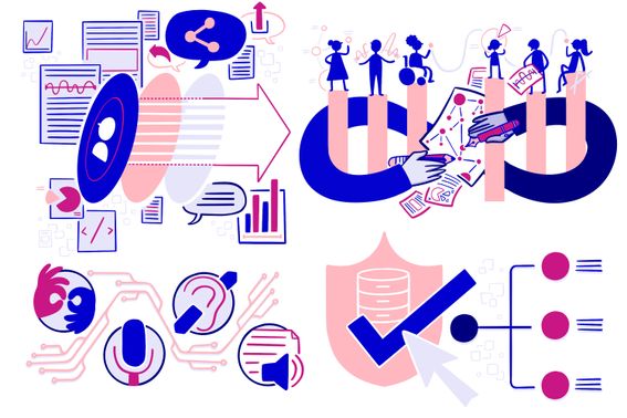 Illustration in pink, blue and white depicting open research. The image is divided roughly into four quadrants to illustrate the core values of transparency, equity, accessibility and reliability.