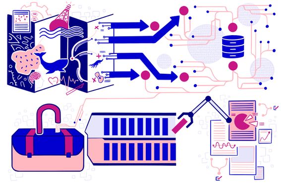 Illustration in pink, blue and white depicting research data management with representations of the research data lifecycle, data repositories, data servers, workflows, networks and types of research data generated i.e. climate science symbolised by a whale and neuroscience symbolised by a human brain
