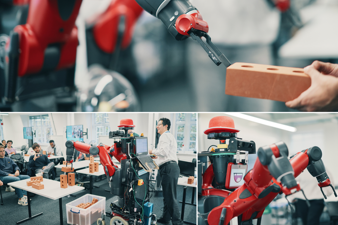 A collage of images of Imperial's robot interacting with students and piling up bricks